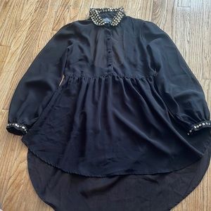 M Angie Black Sheer Dress, Long Sleeve, Gold Sequin Trim, open back Medium